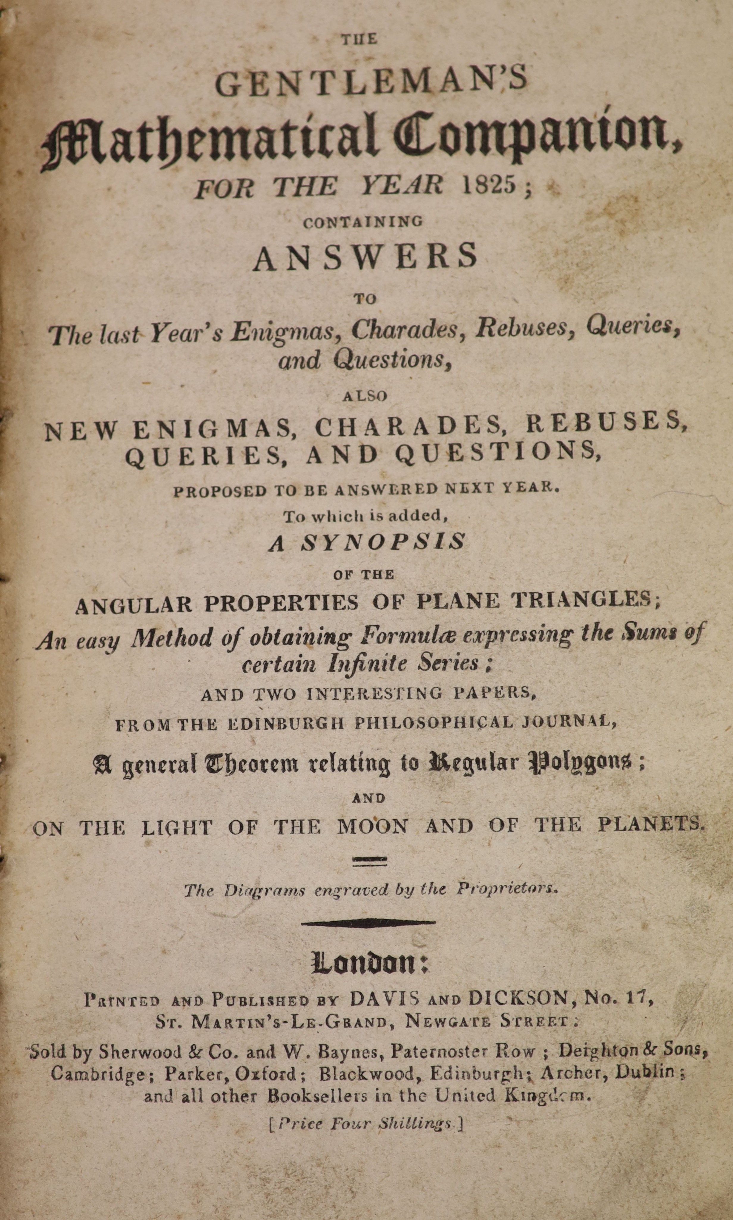 [Lupton, Thomas] - A Thousand Notable Things, 12mo, calf, London, 1785 and The Gentleman’s Mathematical Companion for the year 1825 and 1826